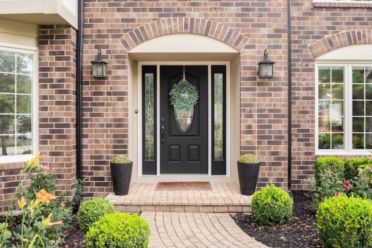 black front door with two potted plants